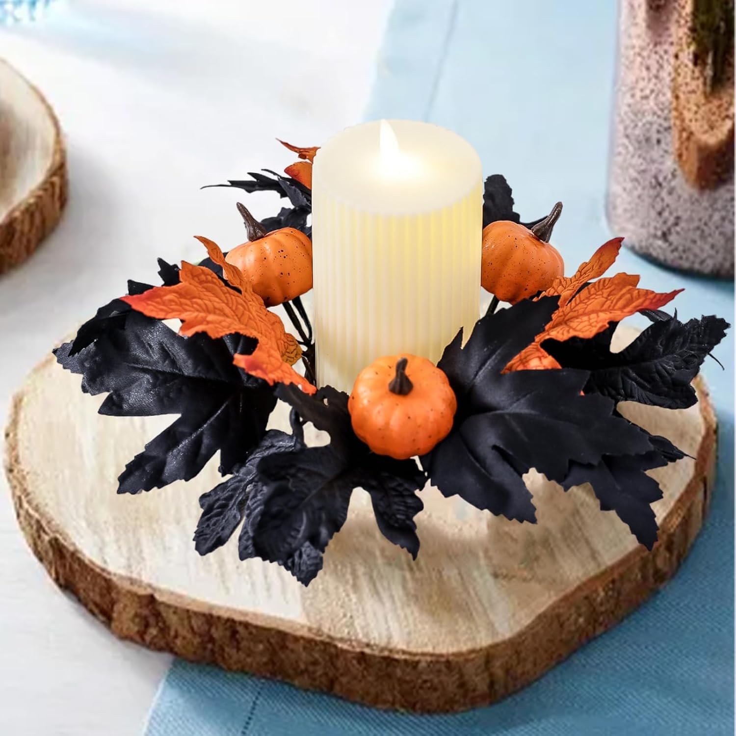 Candle Rings Wreaths Halloween Artificial Maple Pumpkin Wreath Halloween Thanksgiving Home Table Decor Black Candles