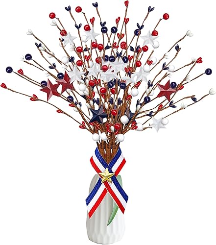 QXBXYHM 4 púas de tallo de bayas artificiales patrióticas rojas, azules y blancas, con diseño de bayas y flores, para decoración del 4 de julio, QXBXYHM 4 púas de tallo de bayas artificiales patrióticas rojas, azules y blancas, con diseño de bayas y flores, para decoración del 4 de julio,