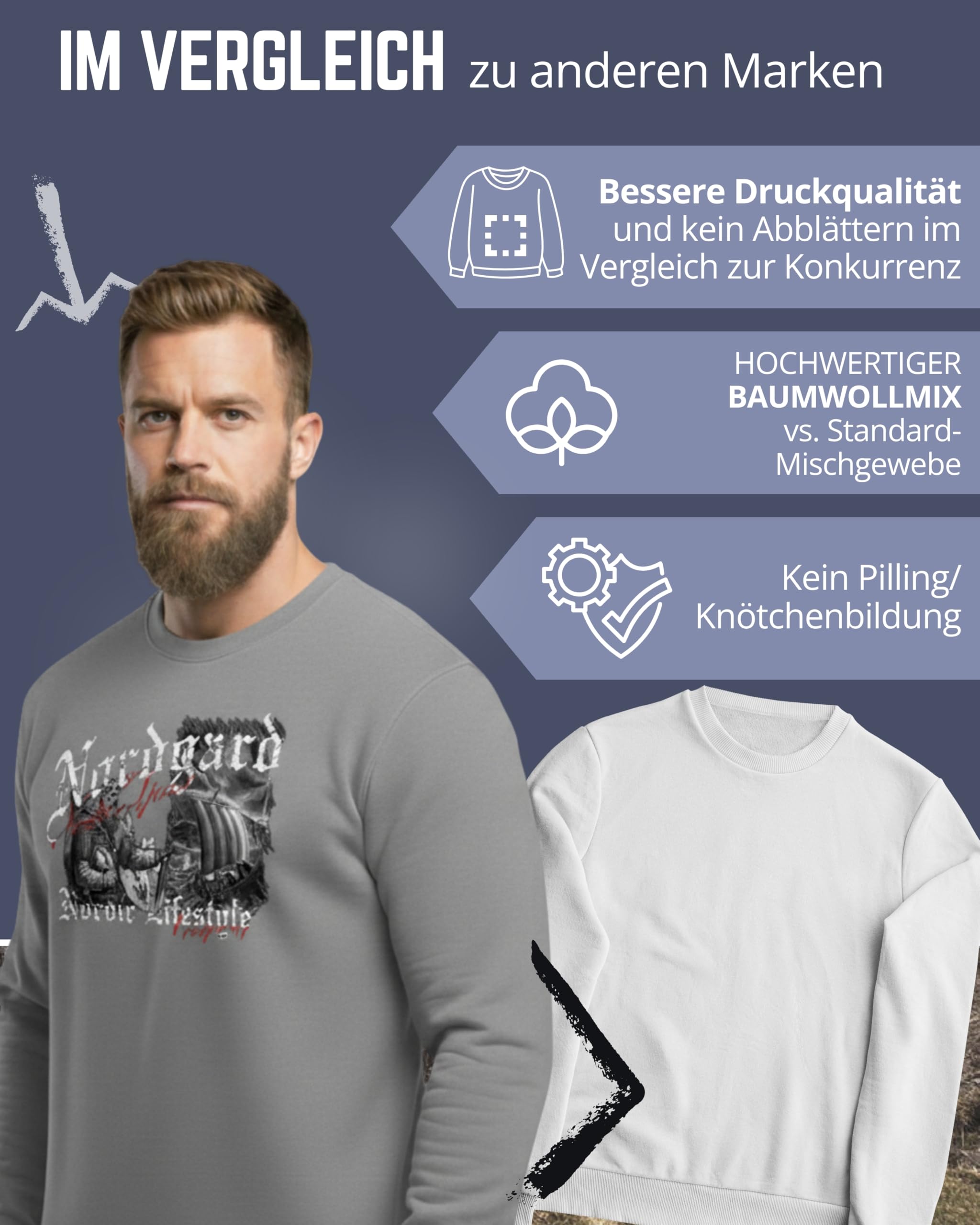 NORDGARD Viking Sweatshirt Hornung in Grau & Schwarz I Pulli aus 80% Baumwolle & 20% Polyester I Wikinger-Sweater mit Brustdruck I Ideal für Freizeit & Sport I Oeko-TEX Zertifiziert