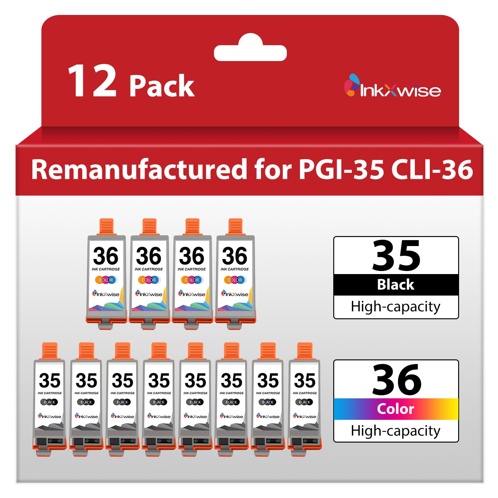 InkXwise 12 Pack PGI-35 CLI-36 Ink Cartridge Replacement for Canon TR150 Ink for Canon 35 36 Ink Cartridge Work with PIXMA TR160 TR150 IP110 TR152