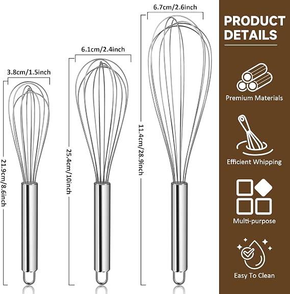 Stainless Steel Whisk Set Metal Whisk Cake Tool Manual Egg Beater for Cooking Kitchen Gadget Balloon Hand Blender for Blending Whisking Baking Beating Frothing Hot Chocolate, 3 Packs (8 10 12)