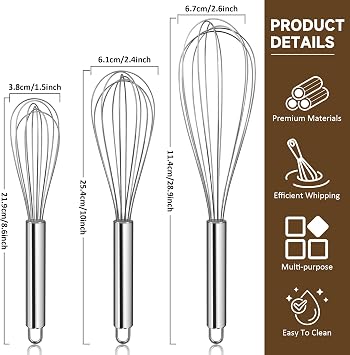 Stainless Steel Whisk Set Metal Whisk Cake Tool Manual Egg Beater for Cooking Kitchen Gadget Balloon Hand Blender for Blending Whisking Baking Beating Frothing Hot Chocolate, 3 Packs (8 10 12)