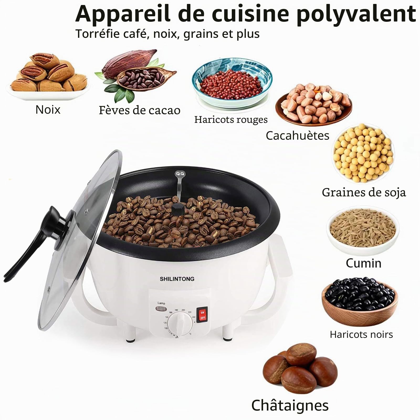 Machine à Torréfier les Grains de Café SHILINTONG, Torréfacteur Électrique pour Café, Noix, Cacahuètes, 750g, 220V 1200W, Revêtement Antiadhésif, Usage Domestique