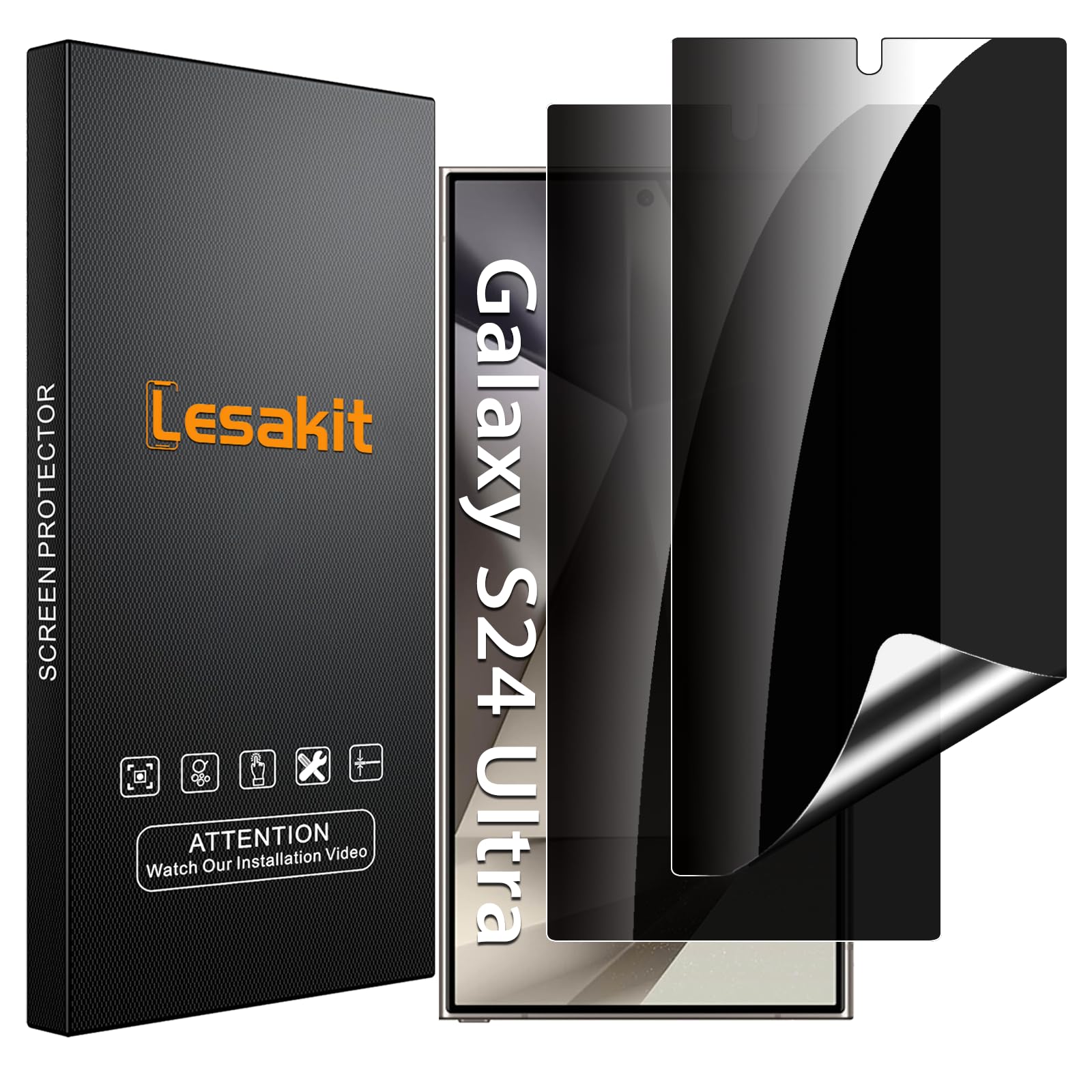 Lesakit 2 Pack Privacy Screen Protector for Samsung Galaxy S24 Ultra 6.8 inch, Anti Spy TPU Flexible Screen Protector [Support Fingerprint ID], True