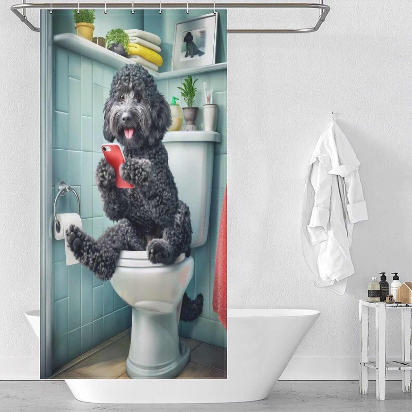 POLIUAWS Black Cockapoo Shower Curtain Funny Dog Bathroom Decor Waterproof Polyester Bath Curtain 180x90cm Mould Resistant Quick Dry Pet Lover Gift 35.43x70.87Inch（90x180cm）
