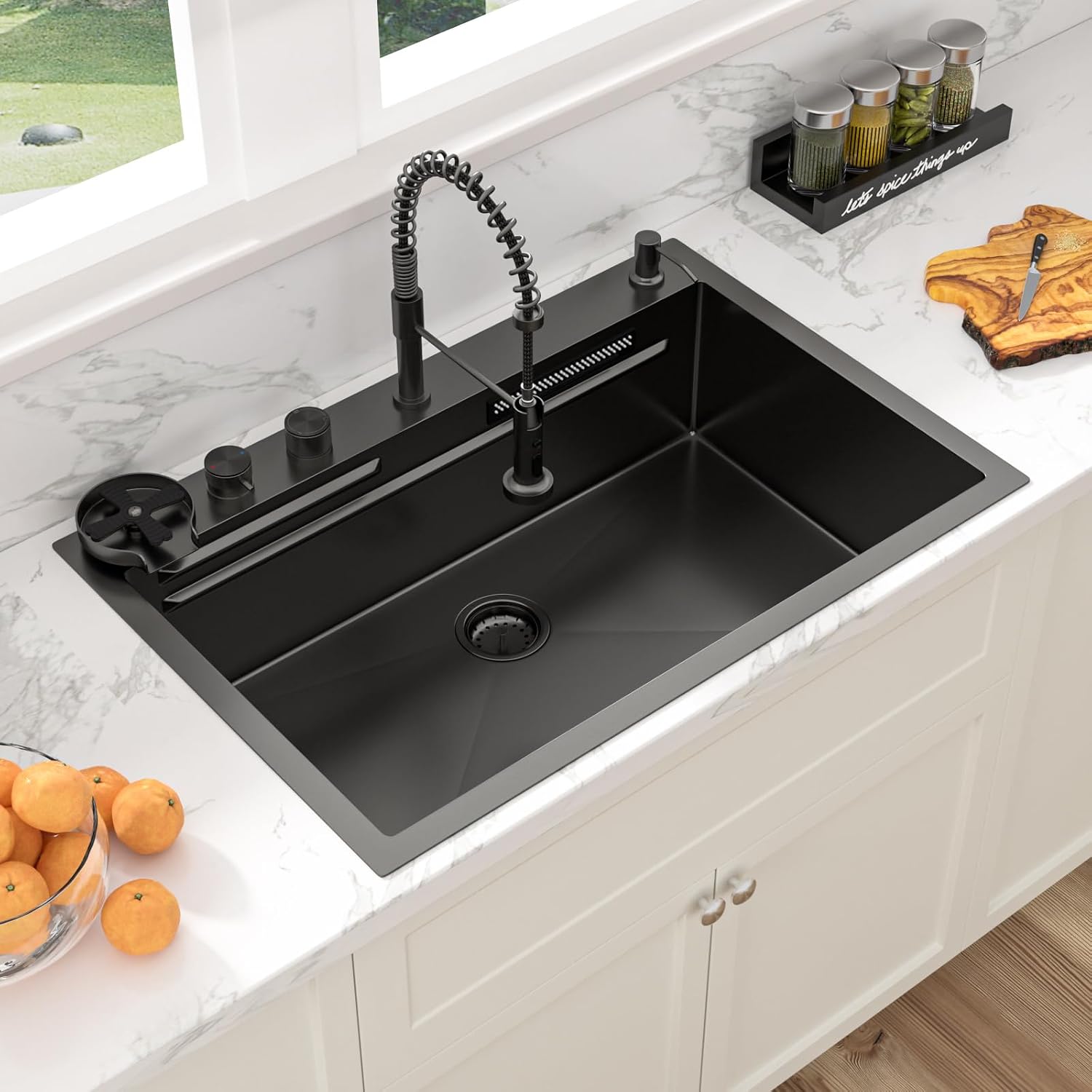 Sarlai Black Waterfall Drop Kitchen Sink 33 Inch Drop In Workstation Kitchen Sink Topmount 16 Gauge Stainless Steel 33x22 Inch Single Bowl Multifuction Workstation Top Mount Sinks with Double Knob