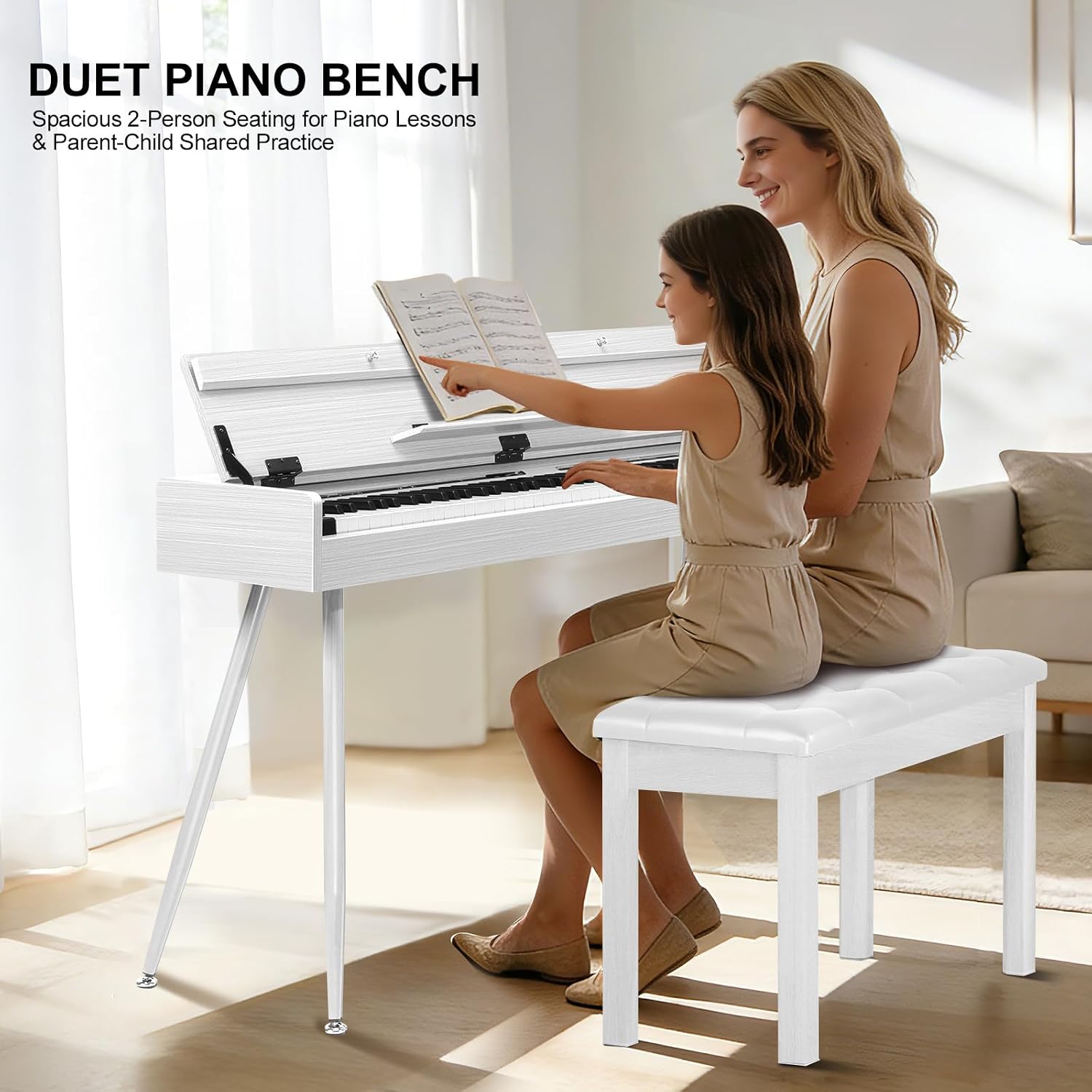 Duet Piano Bench with Storage - Wooden Solid Wood Piano Bench, Tufted Padded Keyboard Bench, Piano Stool & Piano Chair Seat Vanity Stool, Duet Double Piano Seat (White)