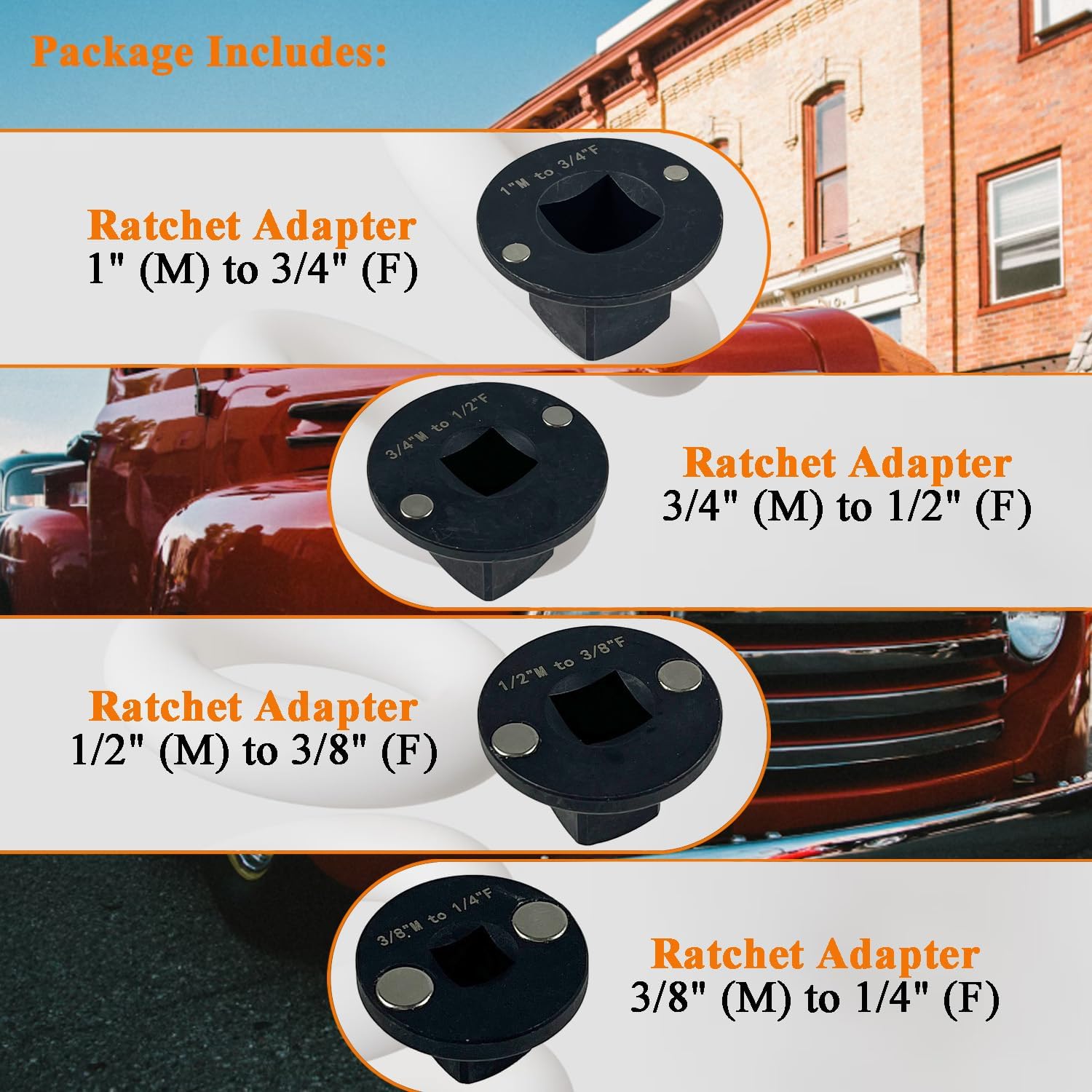Low Profile Impact Socket Adapter Set, 4PCS Drive Ratchet Adapter Set for Tight Spaces, 3/4" to 1", 1/2" to 3/4", 1/2" to 3/8", 1/4" to 3/8", for Automotive & DIY Tools