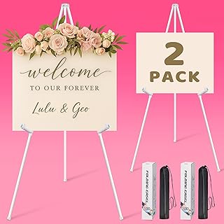 2 Pack White Easel Stand for Sign & Poster - 63" Adjustable Metal Easels for Wedding Welcome Sign, Painting, Canvas, Art Display - Portable Folding Tripod with Carry Bag, Holds 5 Lbs