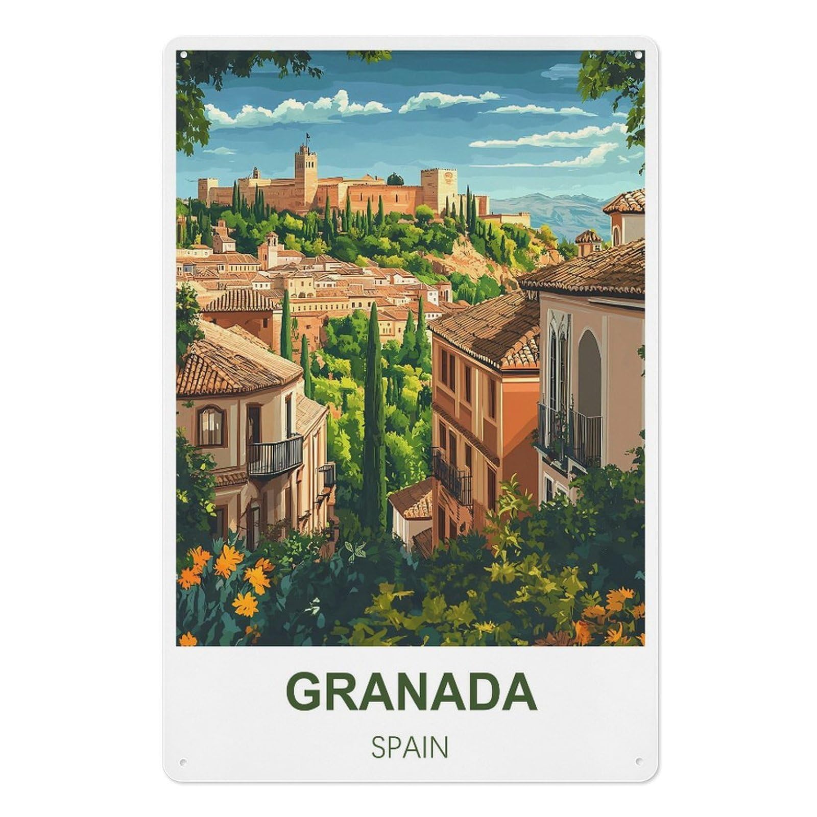 Granada Spain Retro Design Tin Painting Vintage Tin Sign 08x12inch(20x30cm) Wall Art for Home Office Bedroom Living Room Cafes Wall Decor
