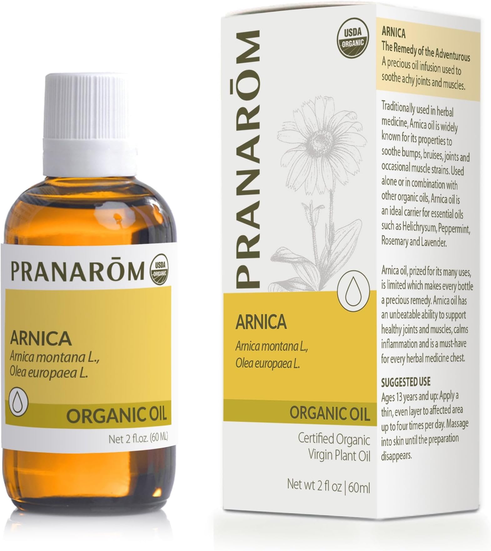 - Pranarom - USDA Certified Organic French Arnica Virgin Plant Oil - 2 fl oz Glass Bottle - Massage Oil for Body, Relaxing, Soothing for Joints & Muscles