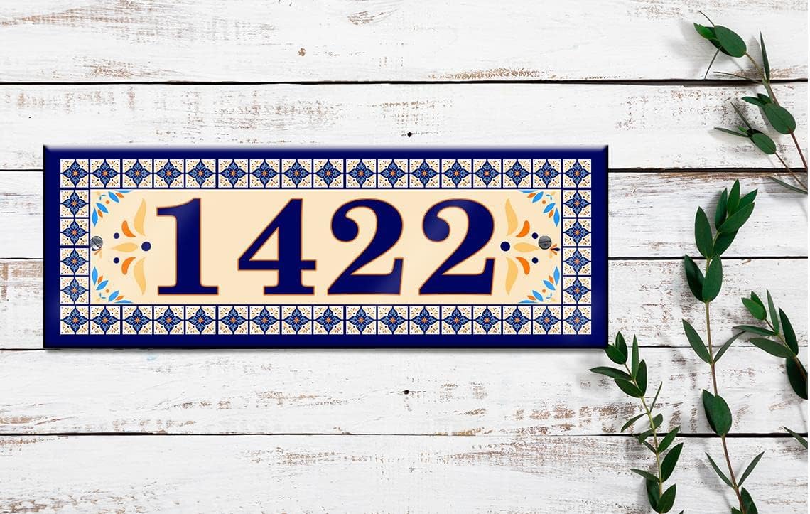 Mosaic Tiles Floral Blue Themed Ceramic Tile House Number Small Address Plaque