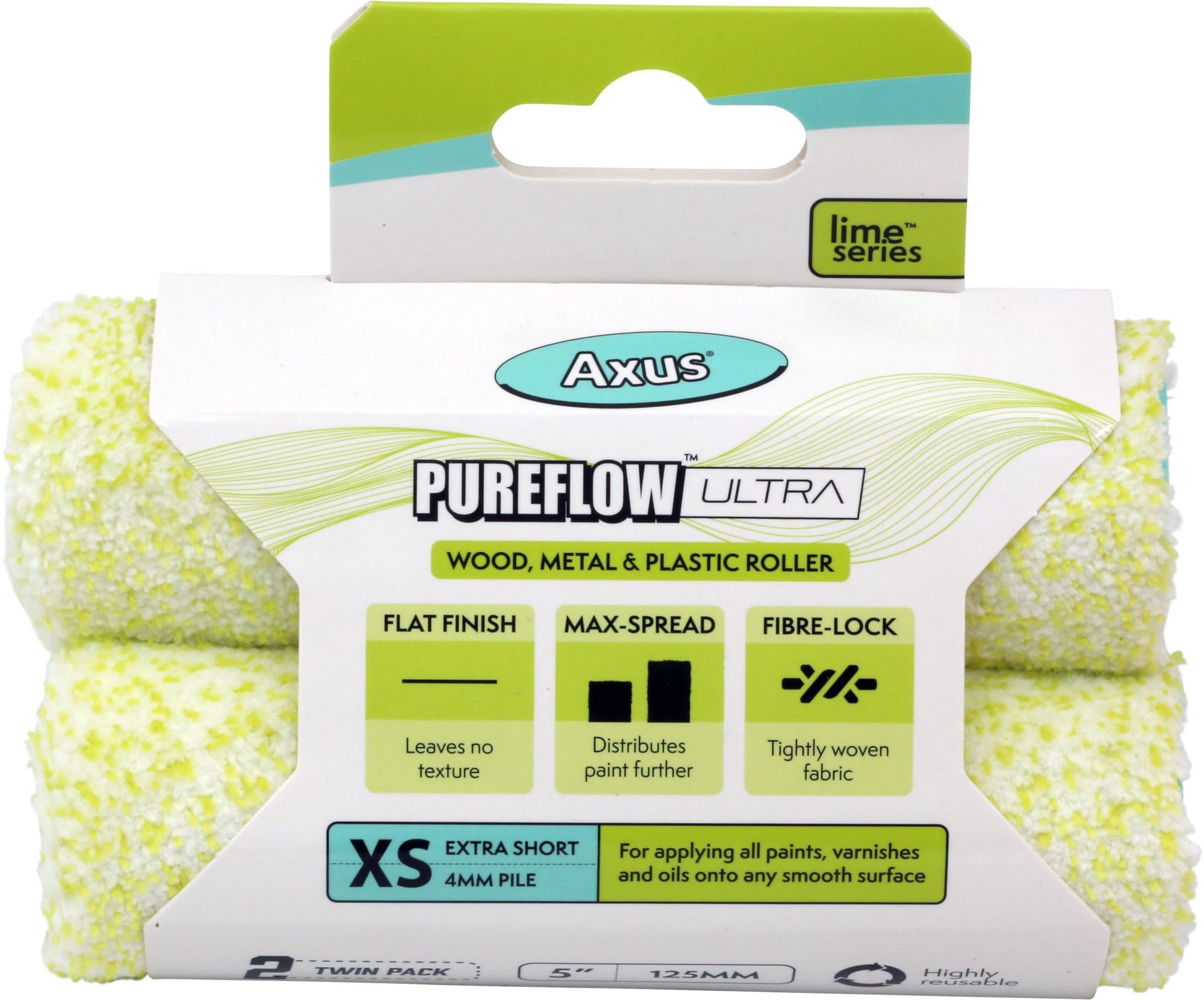 AXUS - PureFlow Ultra Roller (Lime Series) 5'' / 125mm, XS 4mm Pile, 2-Pack