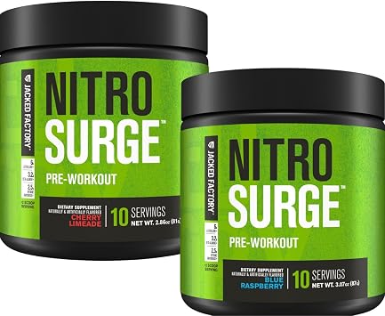 Jacked Factory NITROSURGE Pre Workout Supplement for Energy, Instant Strength Gains, Clear Focus, Intense Pumps Blue Raspberry, 10 Servings & Cherry Limeade, 10 Servings
