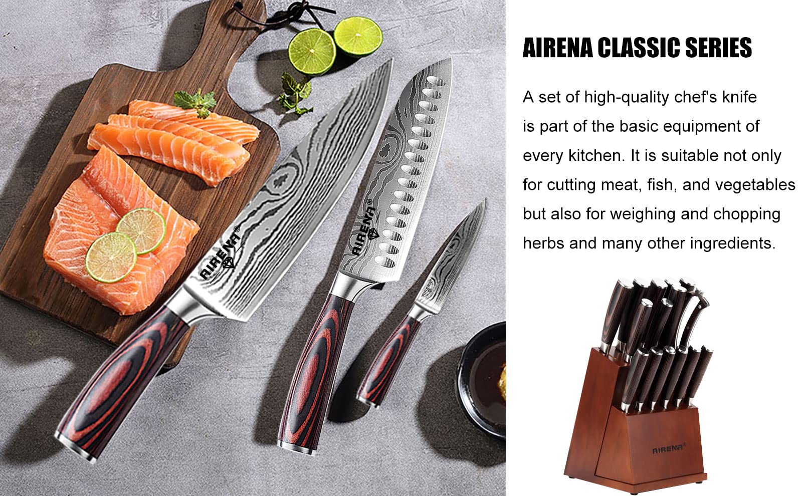 Juego de 3 cuchillos de chef profesionales | Cuchillo de chef de 8 pulgadas | SANTOKU japonés de 7 pulgadas | Cuchillo de pelar de 5 pulgadas y protector de dedos | Acero inoxidable de alto carbono |