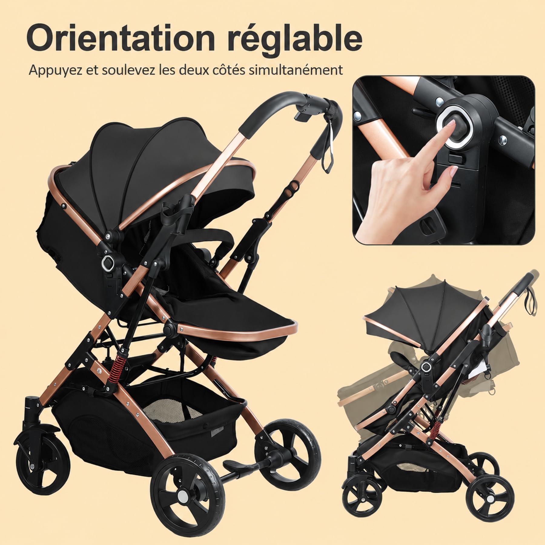 Poussette Bébé 2 en 1 Convertible, Naissance avec Mode Nacelle, Siège Réversible, Capote UPF Anti-UV, Suspension Antichoc, Harnais 5 Points, Voyage Pliable, Nouveau-né à Tout-Petit