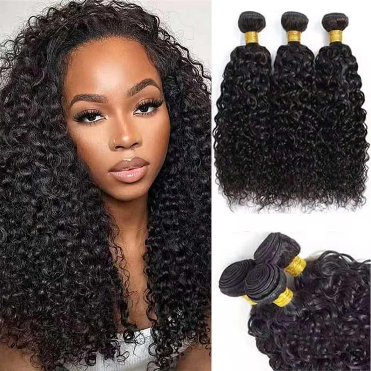 Kinky-curly Human Hair Bundles Rizado Natural Negro 16 18 20 Pulgadas | Rizado Mechas de Cabello Virgen Natural Brasileño 100% Sin Procesar Extensions