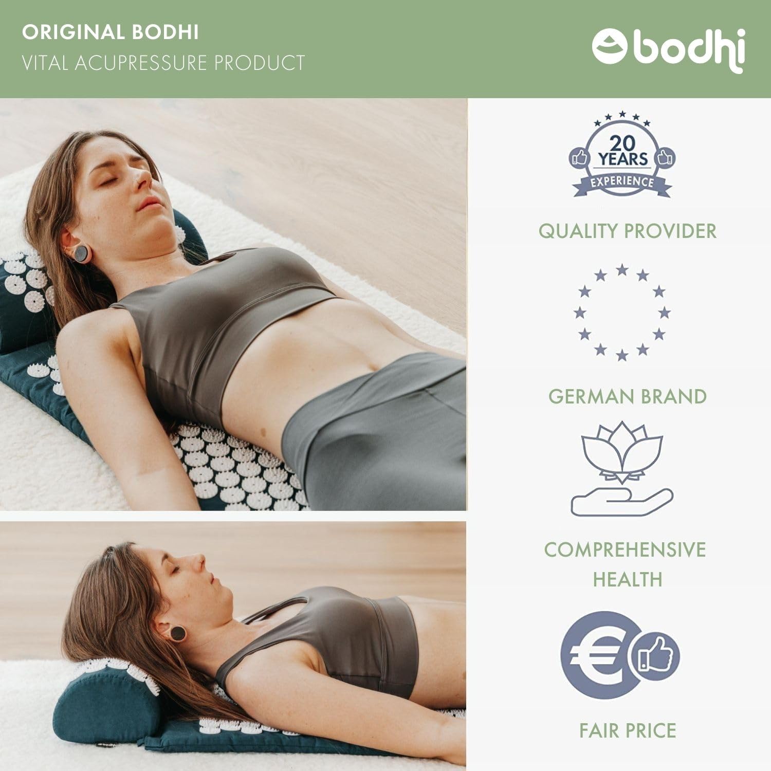 BODHI Set per agopressione Vital: tappetino per agopressione (74 x 44 cm) e cuscino per agopressione | con custodia | per auto-massaggio
