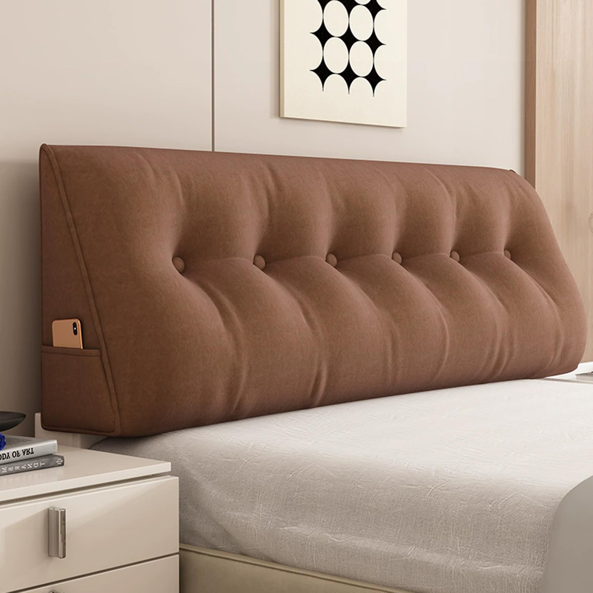 Hruile Triangular Headboard Pillow, Rest Reading Pillow for Bed Sofa, Backrest Wedge Cushion with Side Pocket, Lumbar Support Cushion, Backrest Positioning Bolster (80x50x20cm,Brown)