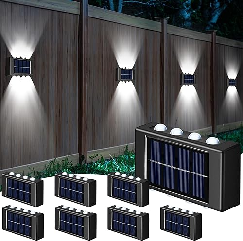 Paquete de 8 luces solares de pared para exteriores, 6000 K, luces solares frías de valla hacia arriba y hacia abajo, lámparas LED decorativas