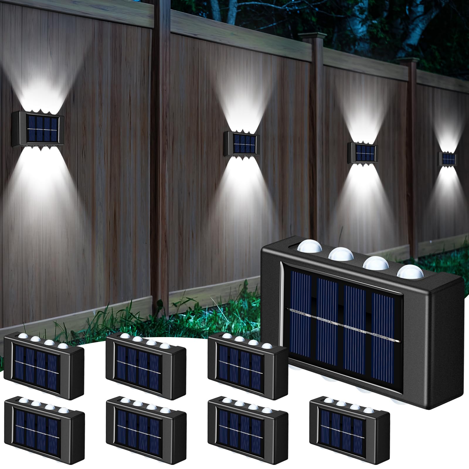 Rossesay 8 Pack Solar Lights Outdoor Solar Fence Lights up and Down Wall Sconces Lighting Outdoor Waterproof Dusk to Dawn LED Lighting Wall Sconces for Outside Fence Walkway Porch Deck(Cold Light)