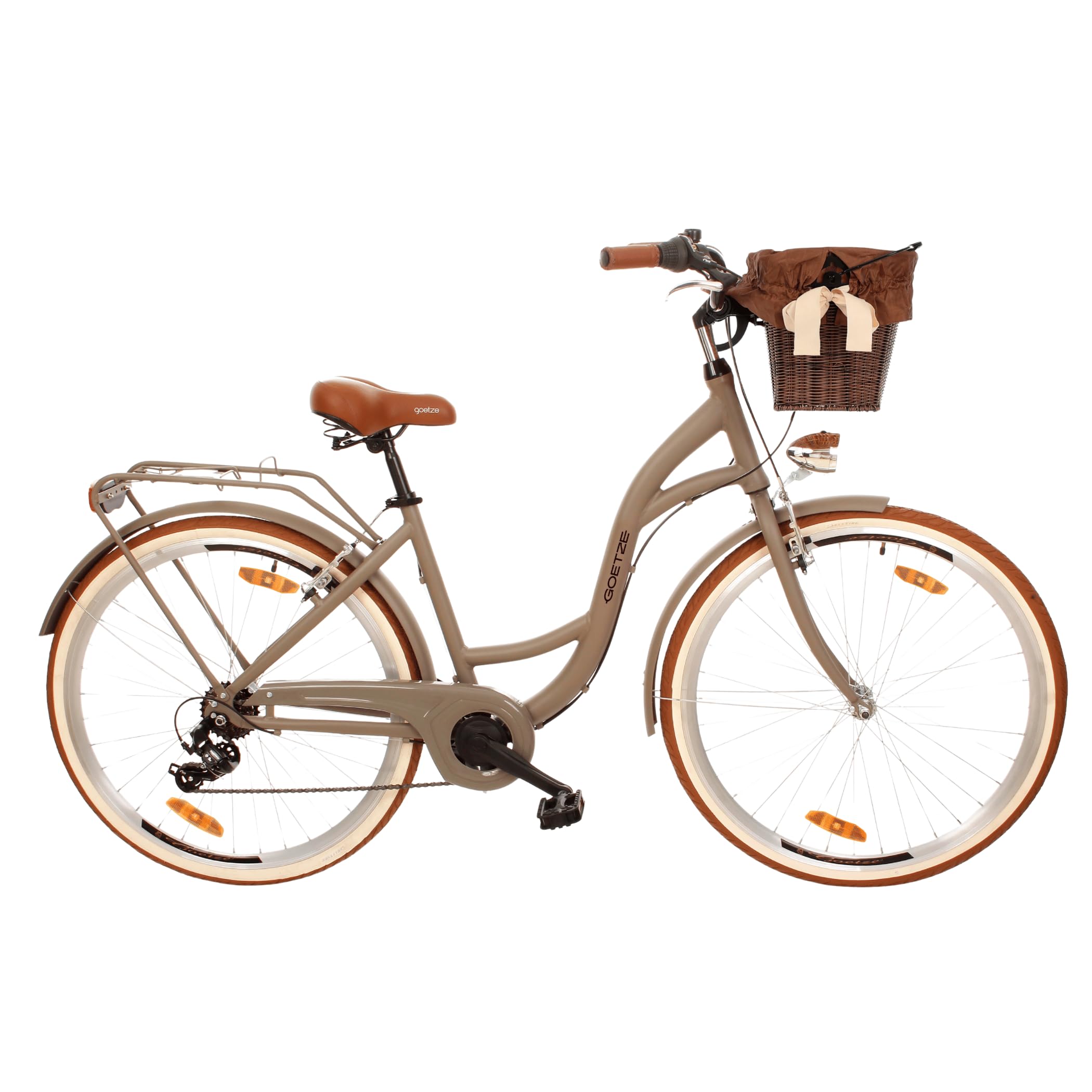 Goetze Mood 28 Zoll Damen Citybike, Aluminium Tiefeinsteiger 18 Zoll, Shimano Tourney 7-Gang Schaltung, LED-Beleuchtung, Rattankorb, Gepäckträger, Komfortsattel
