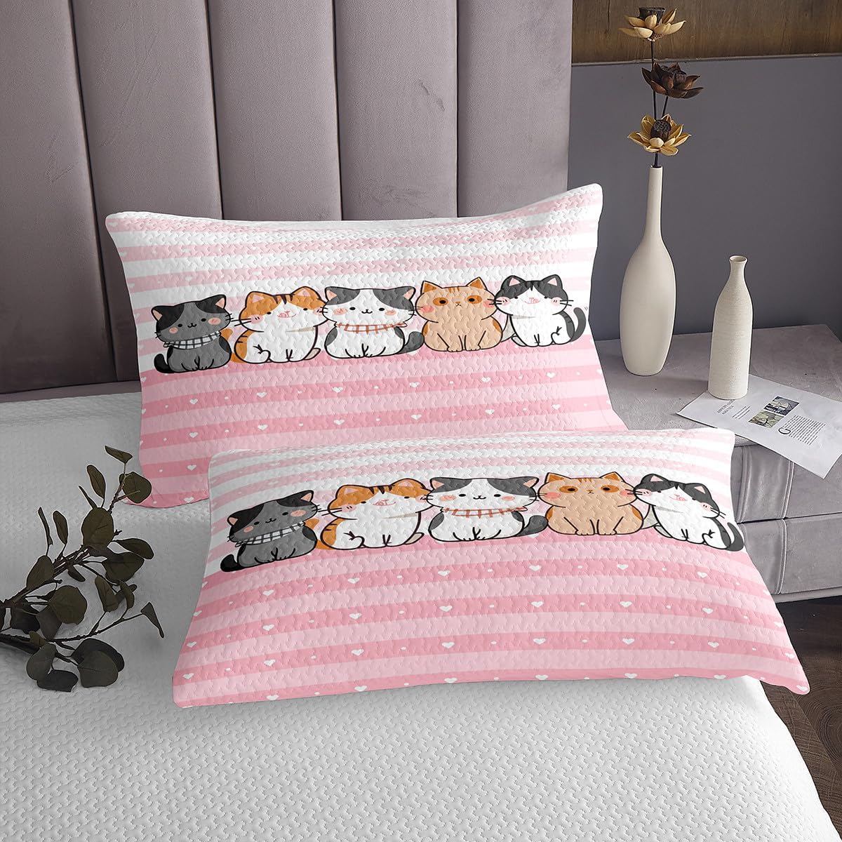 Erosebridal Kids Cartoon Cat Quilt Set Queen Size for Kids Teens Adults,Lovely Kitten Coverlet Set,Love Hearts Bedspread Set,Geometric Stripes Bed Cover Bedroom Decor