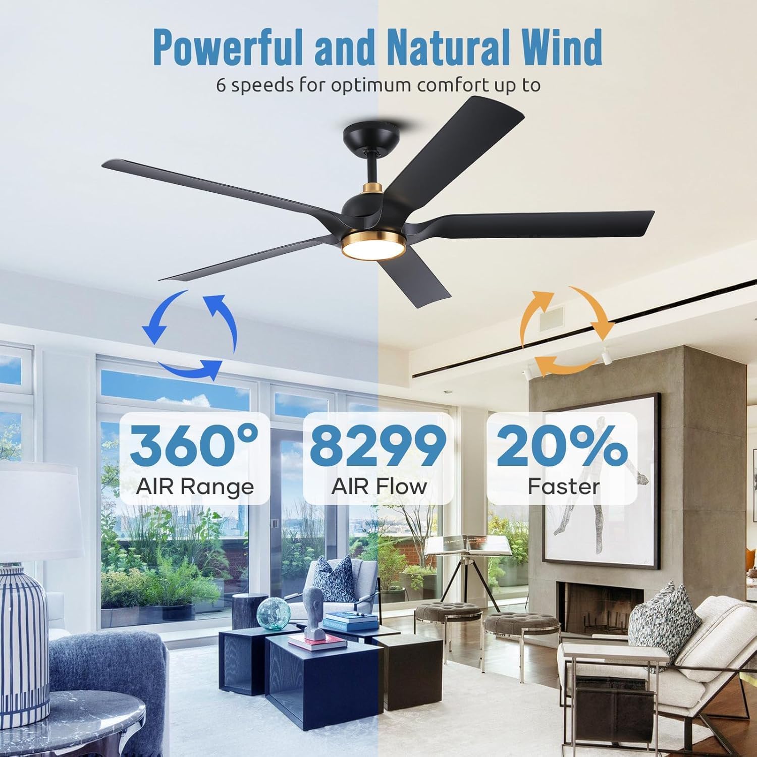 Outdoor Ceiling Fan with Light for Patios, 60 Inch Waterproof Black Gold Ceiling Fan with Remote Control, Damp Rated Outside Fan with Reversible Quiet DC Motor for Indoor Exterior