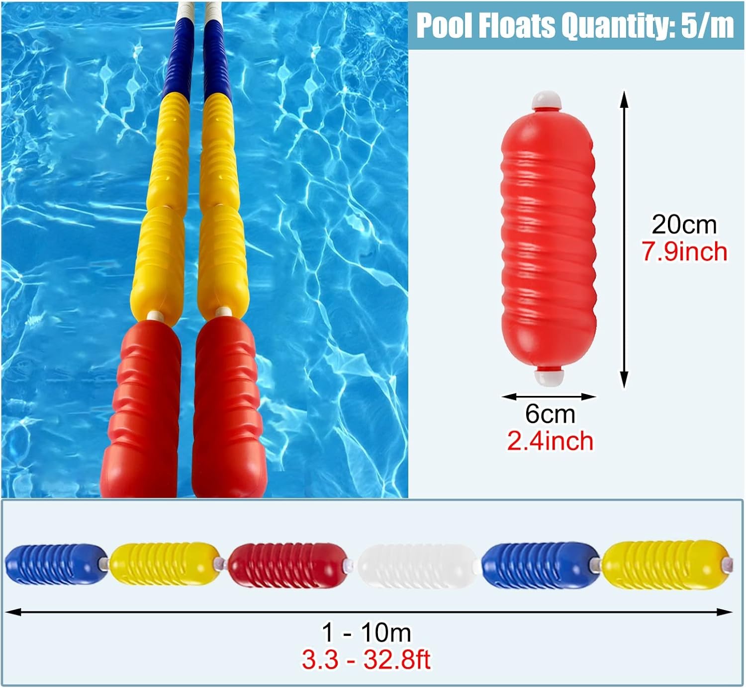Pool Rope Float Keepers - 1/2/3/4/5/6/7/8/9/10m Long, Floating Safety Divider Rope with Hooks, for Outdoor Bath, Beach, Swimming Pool,Nylon Rope Style-4m/13.1ft