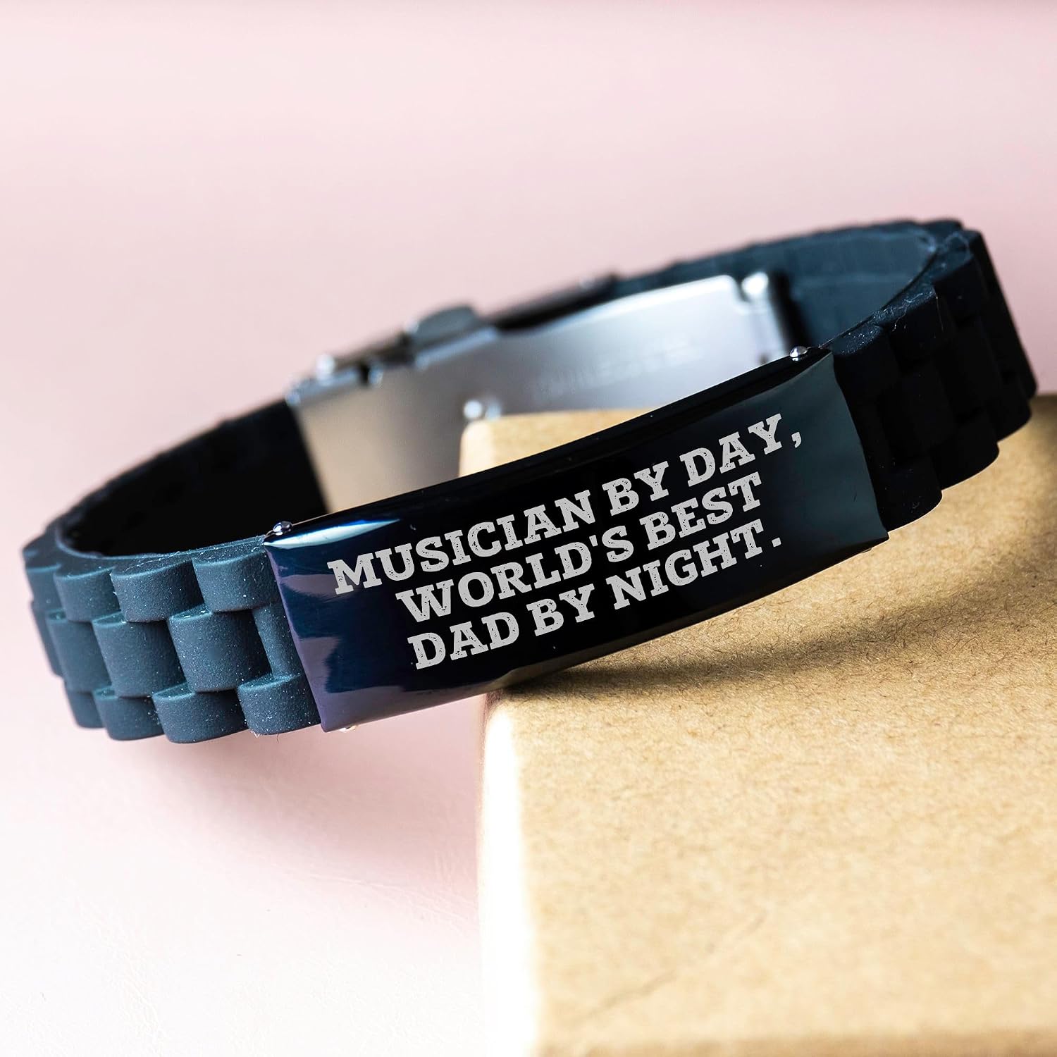 Musician By Day, Gifts from Mom or Dad By Night - Adjustable Glide lock Clasp Black Stainless Steel Silicone Musician Gift for Valentine's