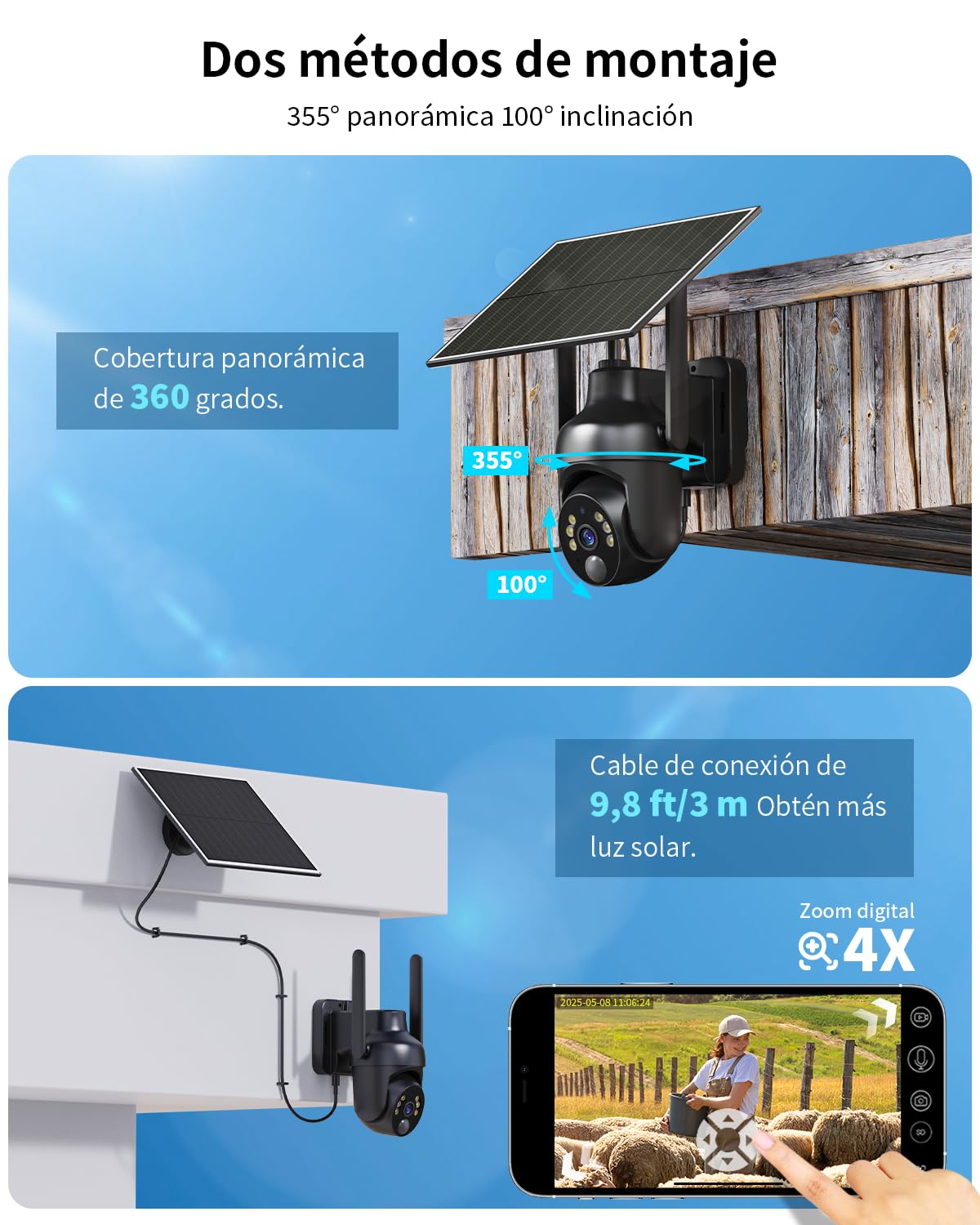 SEHMUA 4G LTE Cámara Vigilancia Exterior Solar con SIM | 2K 3MP Camara 4G Sin Cable con Batería y Panel Solar PTZ 355°/100°, Visión Nocturna Colorida, Detección De Movimiento