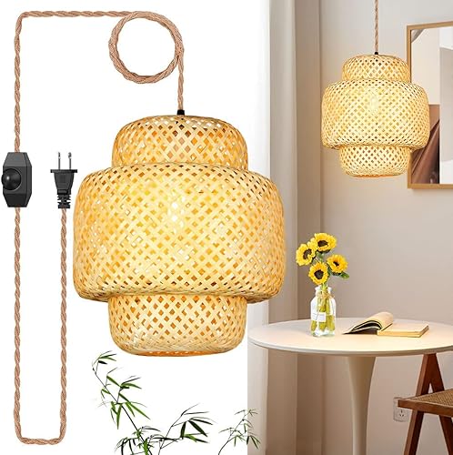 Qwoo Lámpara colgante de bambú, pantalla de lámpara de ratán de 13.8 pies, lámpara de mimbre tejida a mano para colgar en el techo, araña de bambú