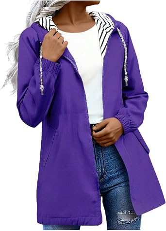 Lightweight Rain Jacket Women Plus Size Waterproof Rain Coats Striped Lined Zip Up Outdoor Windbreaker with Pockets