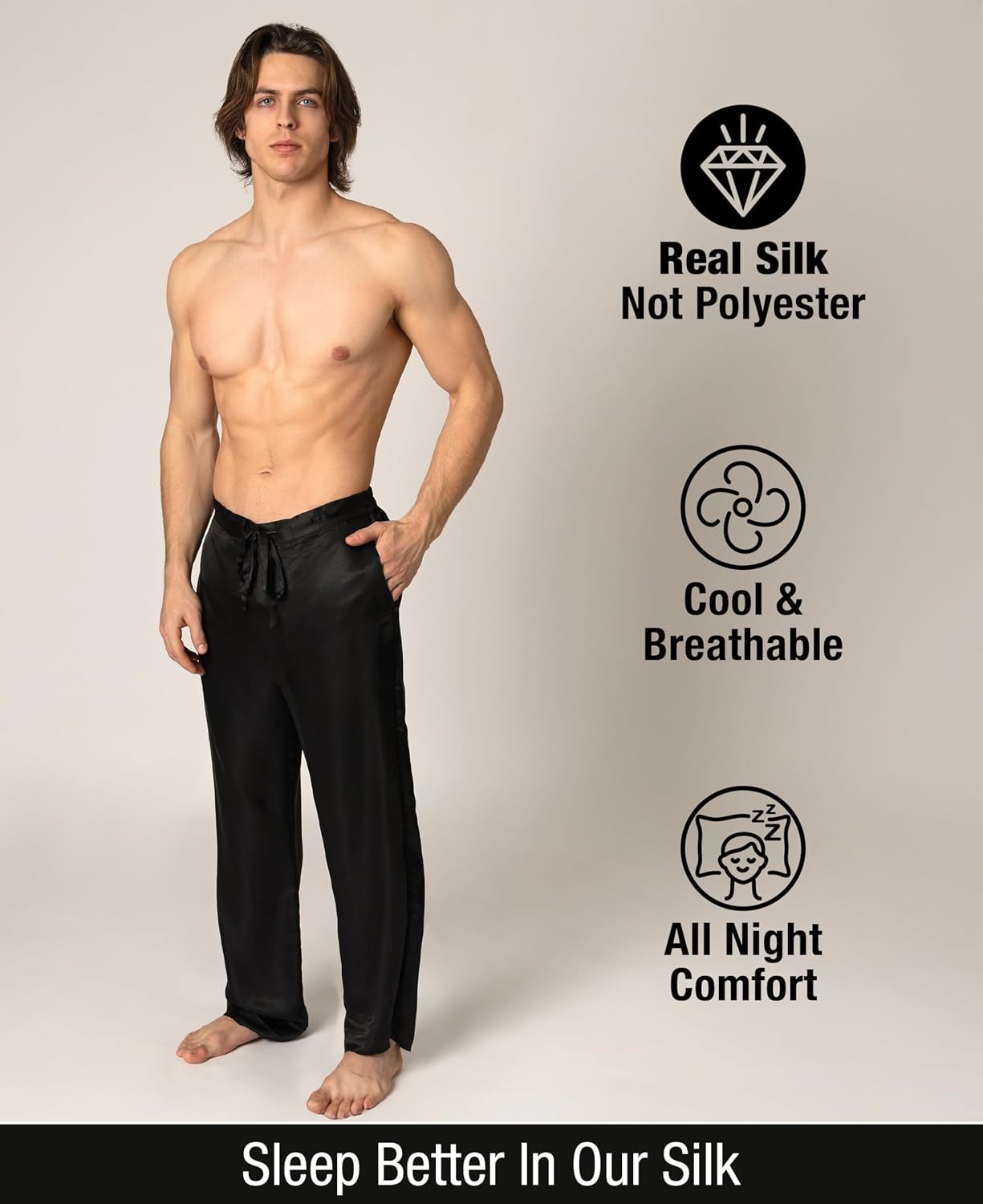 Luxury Artisan Mens Silk Pajama Pants, Natural Silk PJ Bottoms