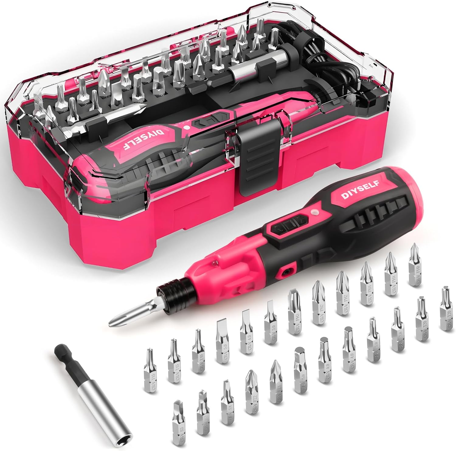 DIYSELF Cordless Electric Screwdriver 3.7V Pink - Rechargeable 28-Piece Kit with LED Light, Bits, USB Cable - Ideal Christmas Gift for Women DIYers