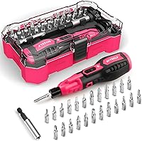 DIYSELF Cordless Electric Screwdriver 3.7V Pink - Rechargeable 28-Piece Kit with LED Light, Bits, USB Cable - Ideal Christmas Gift for Women DIYers