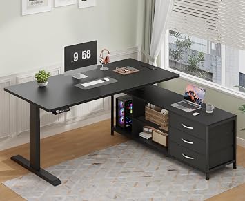 L Shaped Electric Standing Desk with Drawers & Shelves, Height Adjustable Corner Computer Desk with Power Outlets, 55 Inch Sit Stand Executive Desk with 3 Fabric Drawer for Home Office, Black