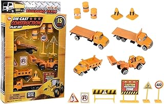 Die Cast Construction Vehicles Play Set (15 Piece Per Set) Project Work Excavator, Tractor, Cement Truck, Dump Truck, Asphalt Roller, Backhoe and Many Road Warning Signs (Work Set)