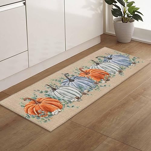 Miniatura 21 de Alfombras y tapetes de cocina Hello Fall, 2 unidades, color azul, naranja, calabaza, hoja de arce, pájaros, alfombras antideslizantes con pasillo