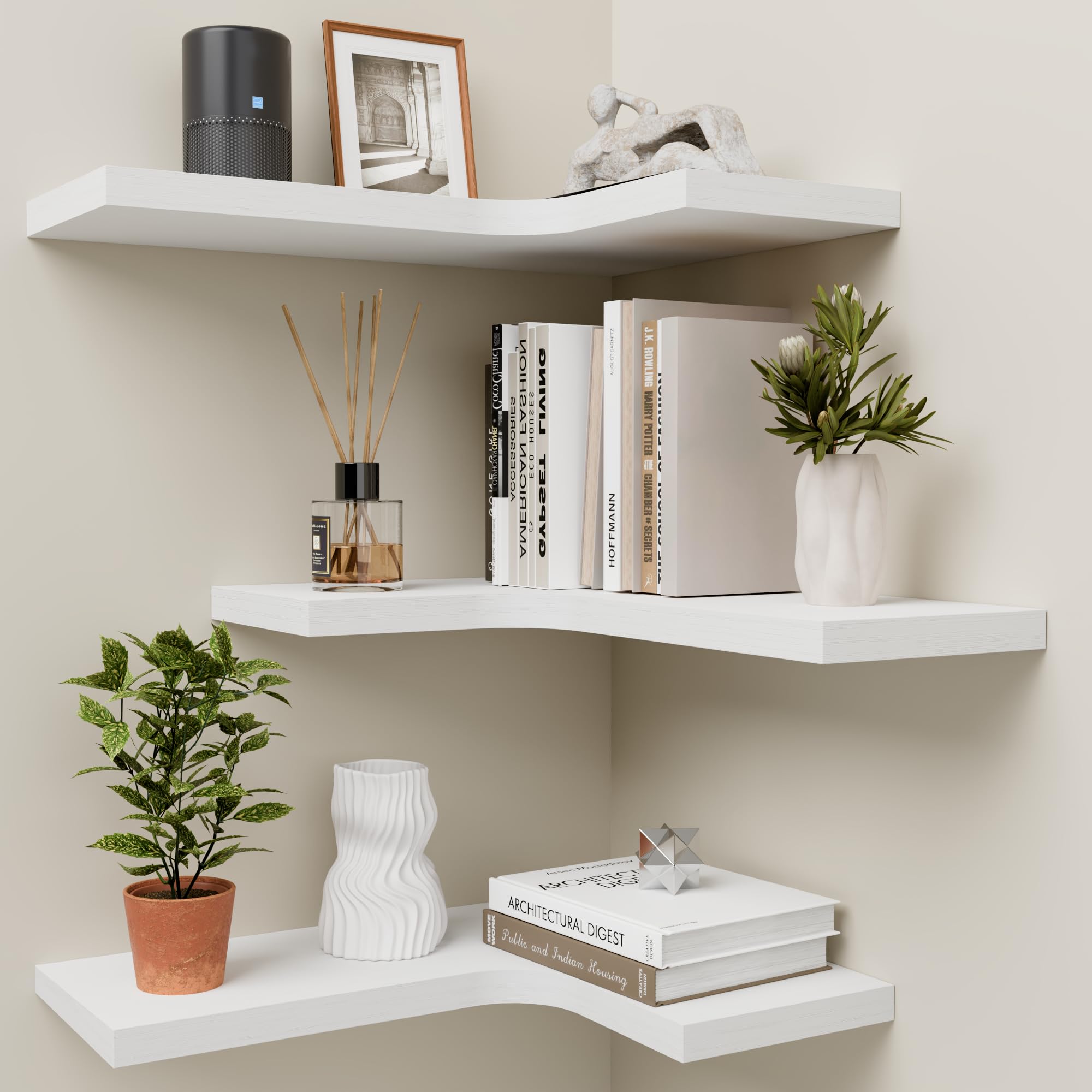 Mensola da Muro In Legno Mensola Angolare Sospesa Mensola Sospesa A Forma L Listone Per Soggiorno Camera Da Letto Bagno Ingresso Ufficio Decorazione Da Parete Set Da 3 (Bianco)