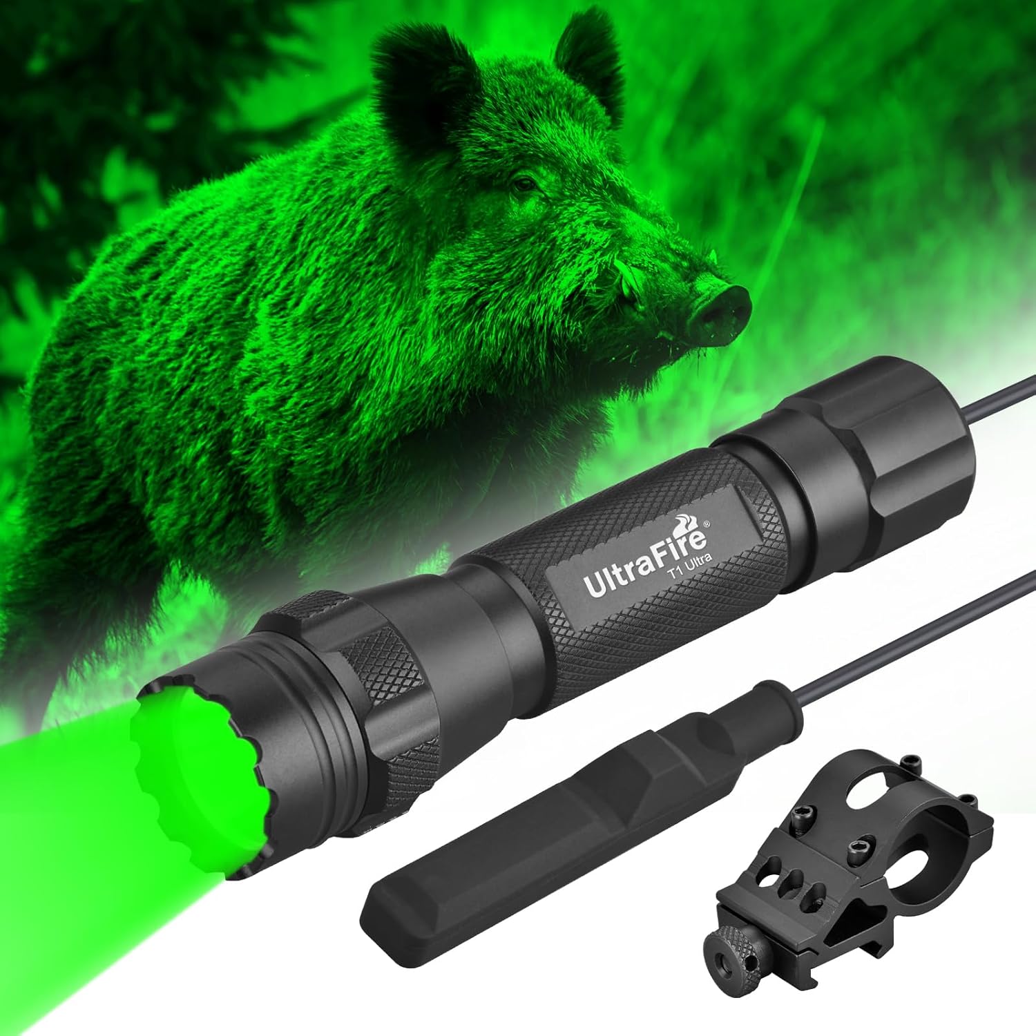 ULTRAFIRE Tactical Green Hunting Flashlight - 218 Yard Long Range Green LED Light, Single Mode Super Bright for Night Observation & Coyote Predator Hunting (T1 Ultra-G)