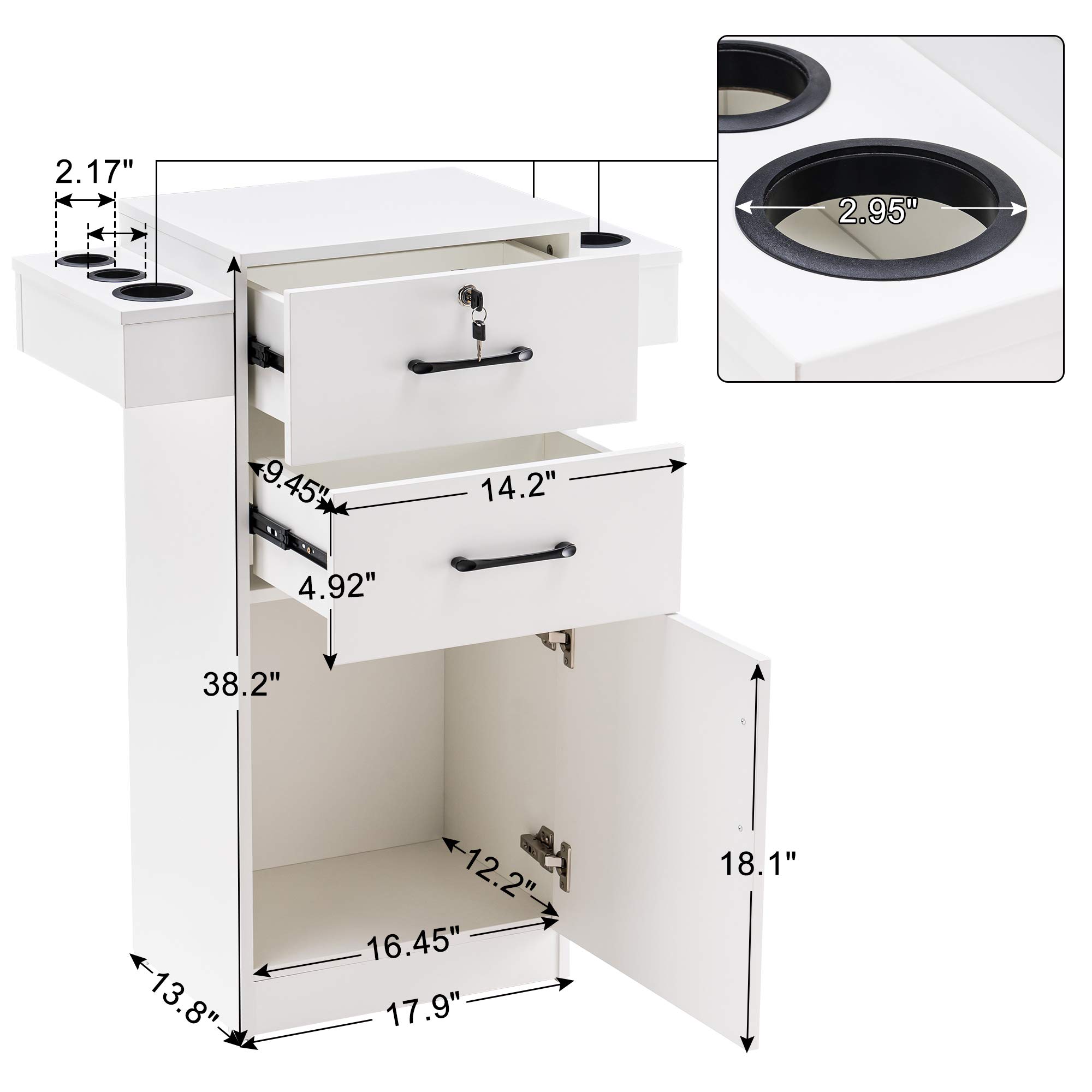 Gabinete de almacenamiento de 38 x 18 x 14 pulgadas para salón de belleza, estación de peluquería con soporte para secador de pelo de nailon, equipo de estilista de peluquería con cajones 9