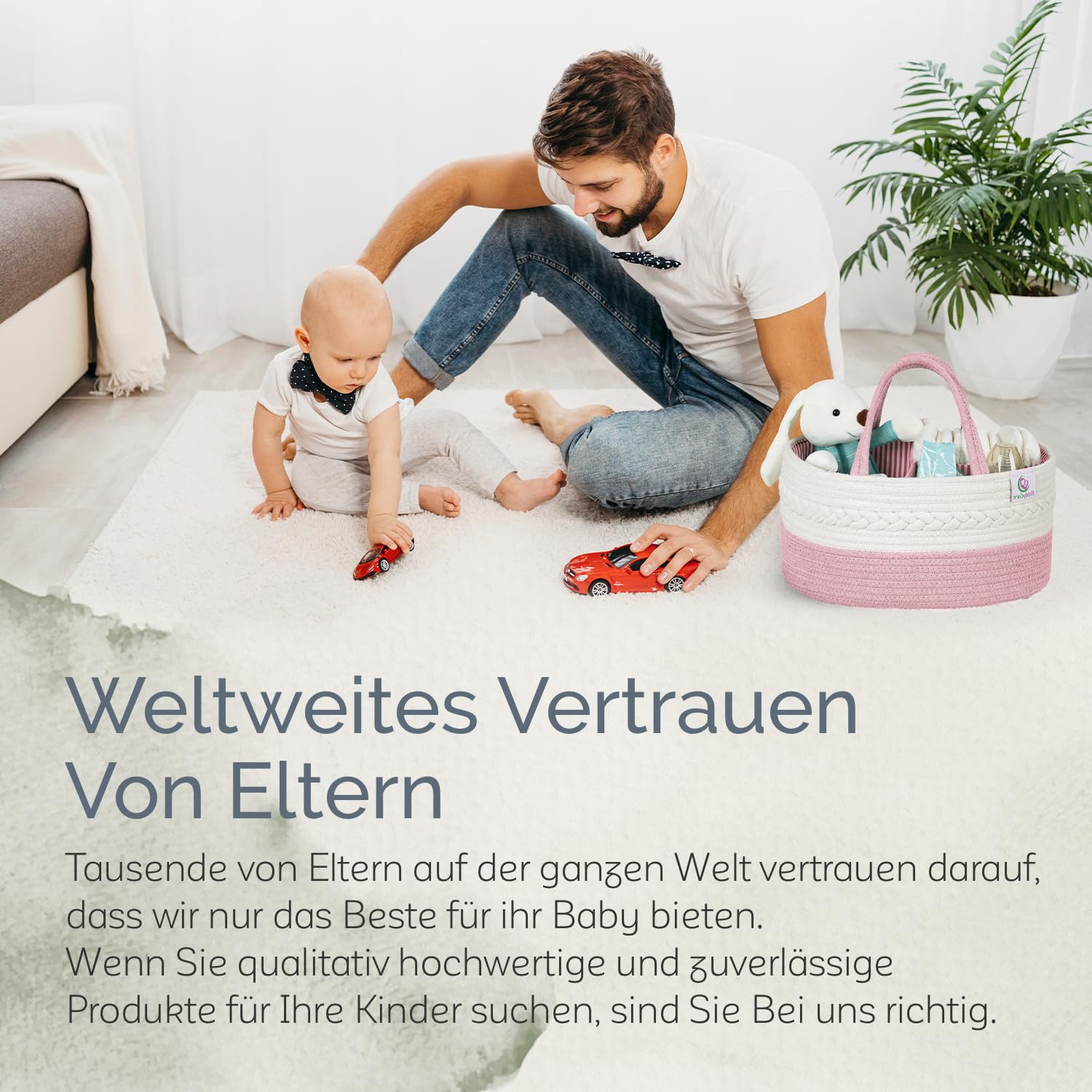 KiddyCare - Vielseitiger Wickelkorb und Windel-Organizer aus 100% Baumwolle und Gewebtem Seil, 3 Herausnehmbare Fächer, Ideal für Unterwegs, Babyshower Geschenk [Pink, Normale Größe]