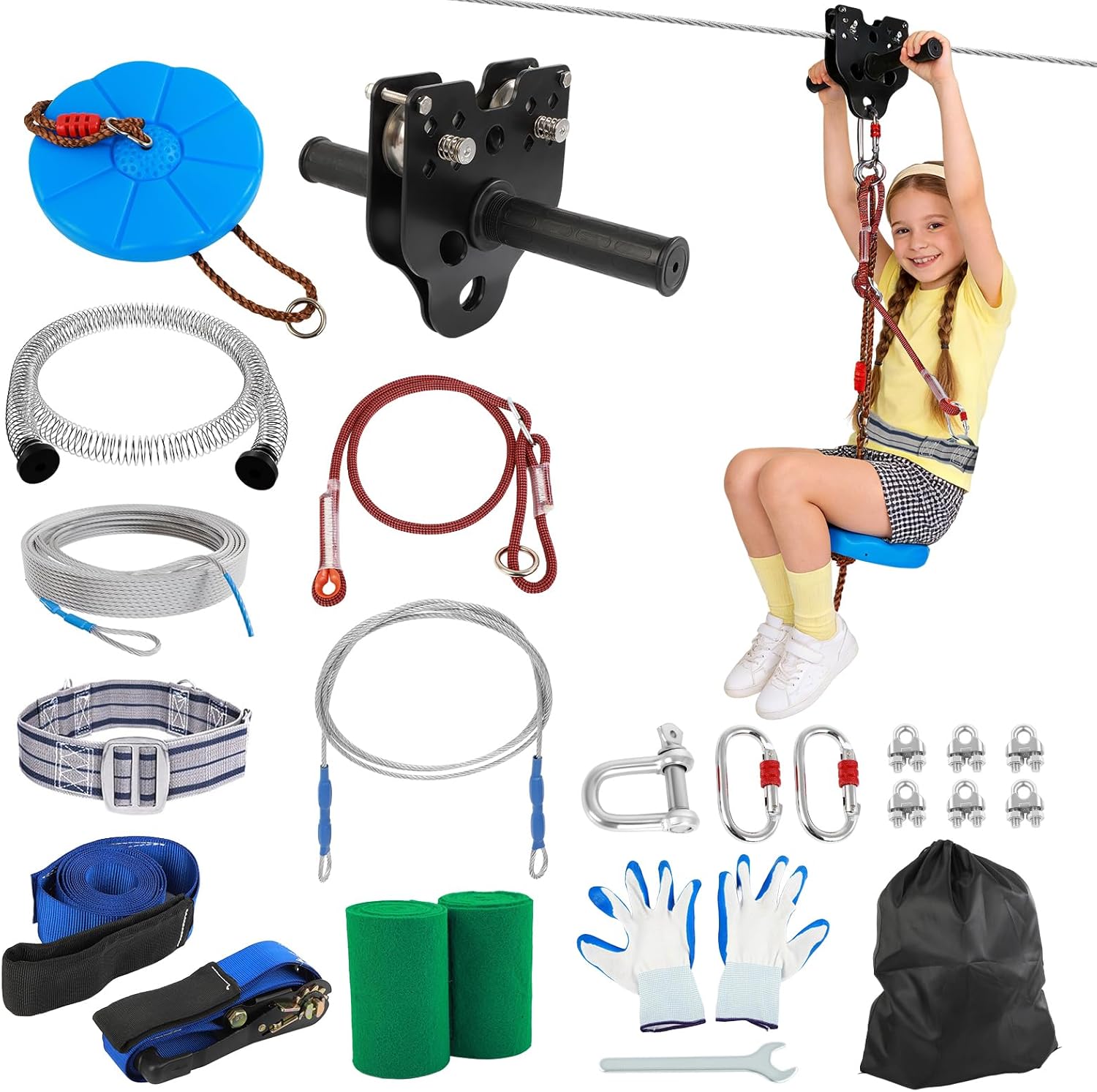 FAHKNS 200FT Zipline Kit for Kids & Adults: 400LBS Capacity, Rust-Proof Removable Trolley, Quick Ratchet Tighten, Backyard Adventure