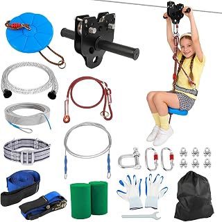 FAHKNS 200FT Zipline Kit for Kids & Adults: 400LBS Capacity, Rust-Proof Removable Trolley, Quick Ratchet Tighten, Backyard Adventure