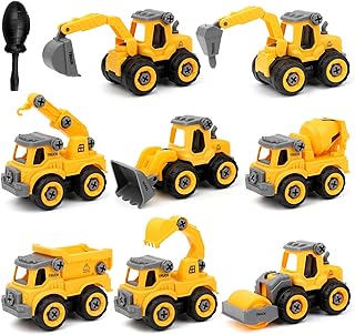 deAO Construction Toys Trucks Set,8 Pcs Engineering Vehicle Toys for Boys,Take Apart Toys Car for 3 4 5 Year Old Toddlers Boys with Excavator,Loading,Mixer,Crane,Pile,Excavator,Bulldozer,Roller