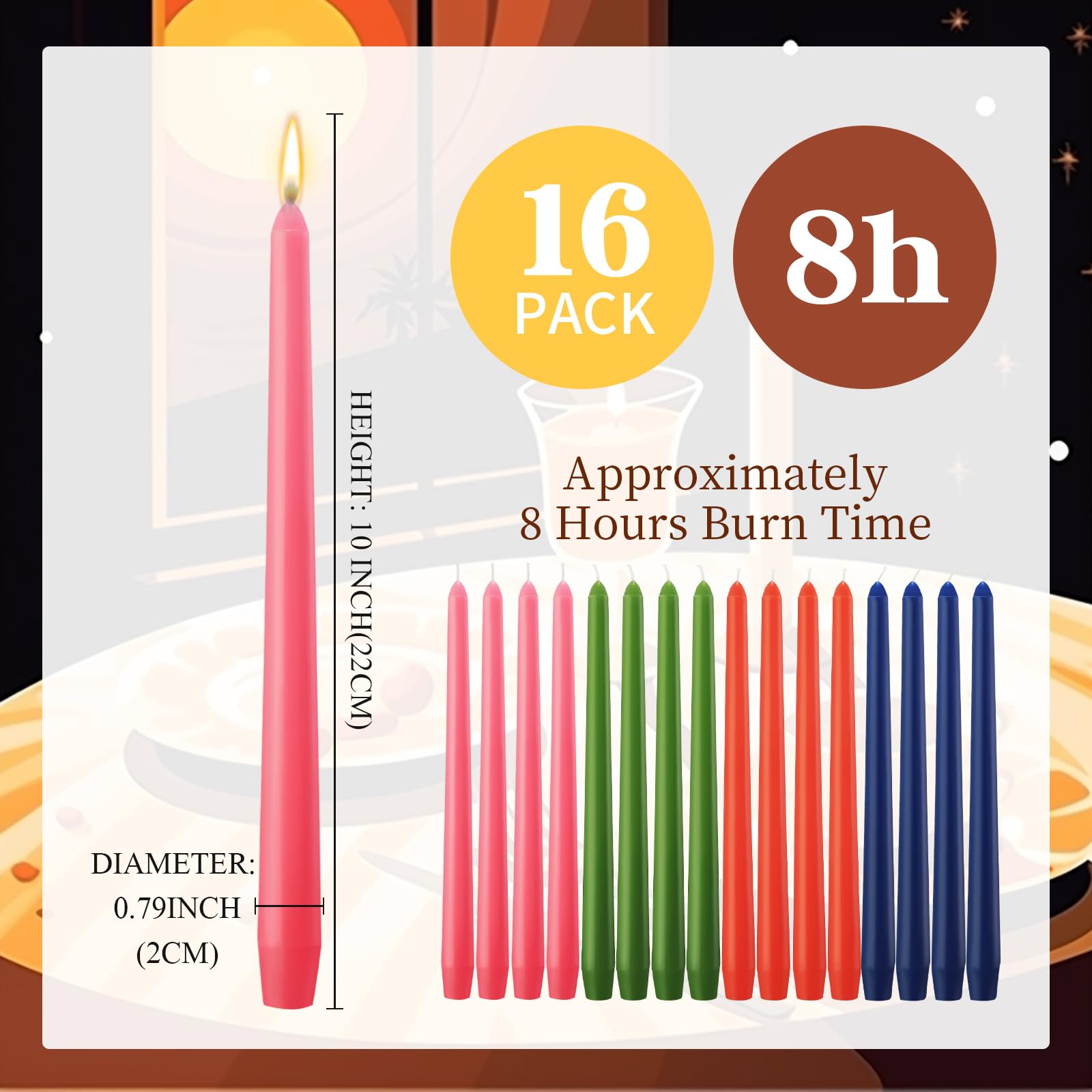 MTLEE 16 candele coniche da 25,4 cm, antigoccia, senza fumo e non profumate, candele affusolate a lunga combustione, bastoncini di paraffina con stoppini in cotone, candele da cena, ideali per eventi