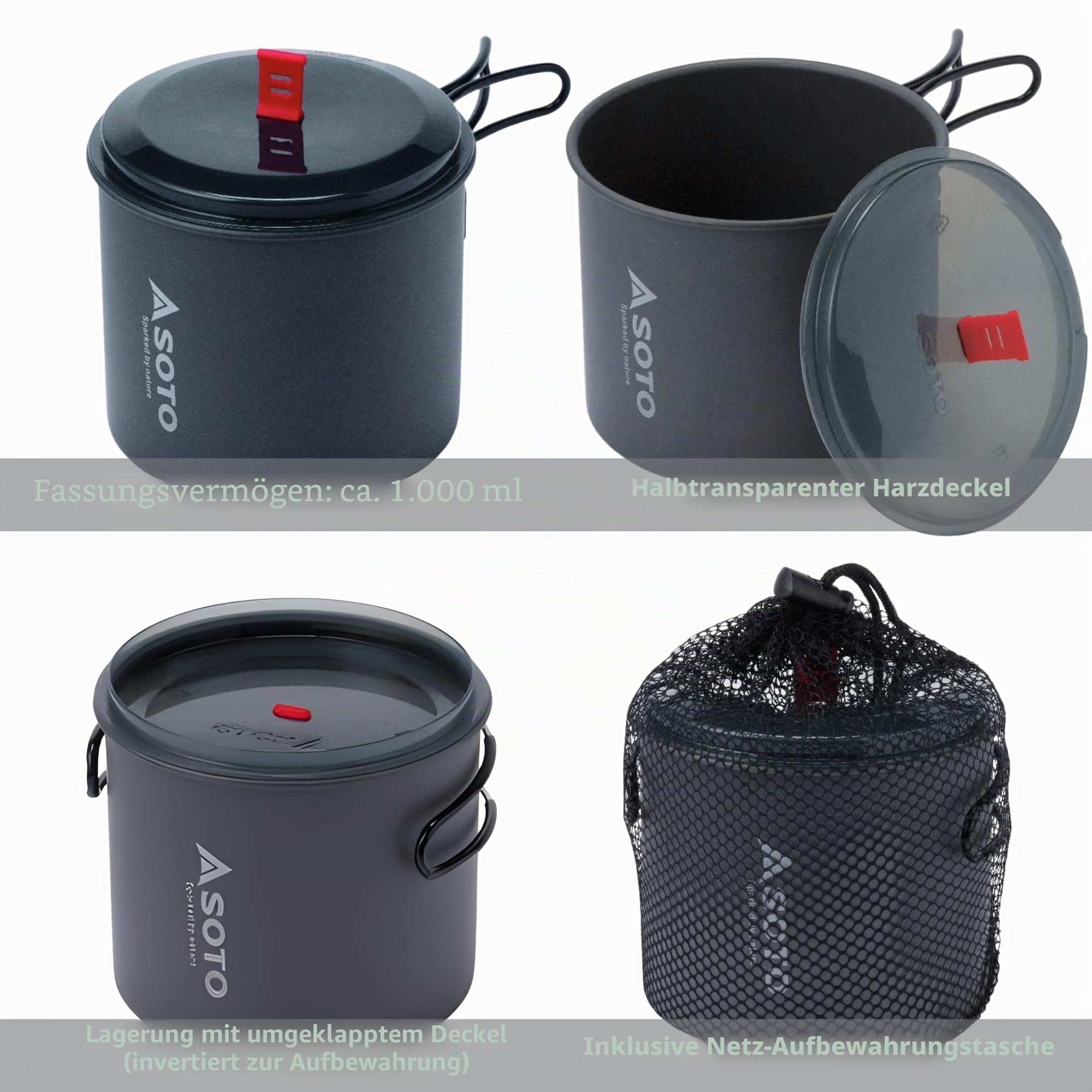 SOTO New River Pot Campingtopf 1000 ml Aluminium mit Deckel, 141 g | Hartanodisiert, BPA-frei; faltbarer Griff, kleines Packmaß; rutschfester Boden; inkl. Tasche; für Solo-Trekking