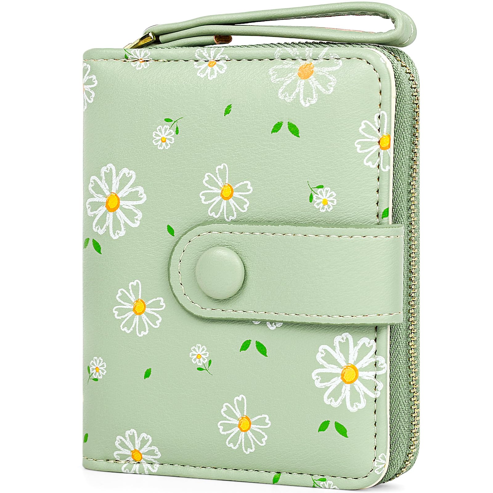 Busnos Geldbörse Damen Geldbeutel Klein Portemonnaie Damen Mini Portmonee for Women Geldbörsen Blüten in Grün mit Münzfach und Kartenfächern | Geldbeutel aus PU Leder