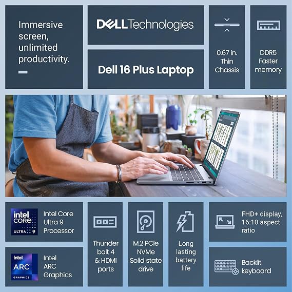 Dell 16 Plus Laptop Touchscreen Computer for Gaming & AI, 16 FHD+ Touch Screen Business Laptop PC, Intel Core Ultra 9, 32GB DDR5 2TB SSD, Windows 11 Pro|Backlit 10-Key|Wi-Fi 7|Thunderbolt|HDMI|FP
